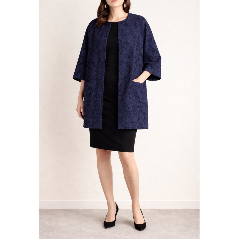 Tara Jarmon Navy Floral Jacquard Open Front Jacket French‎ Designer Size 0